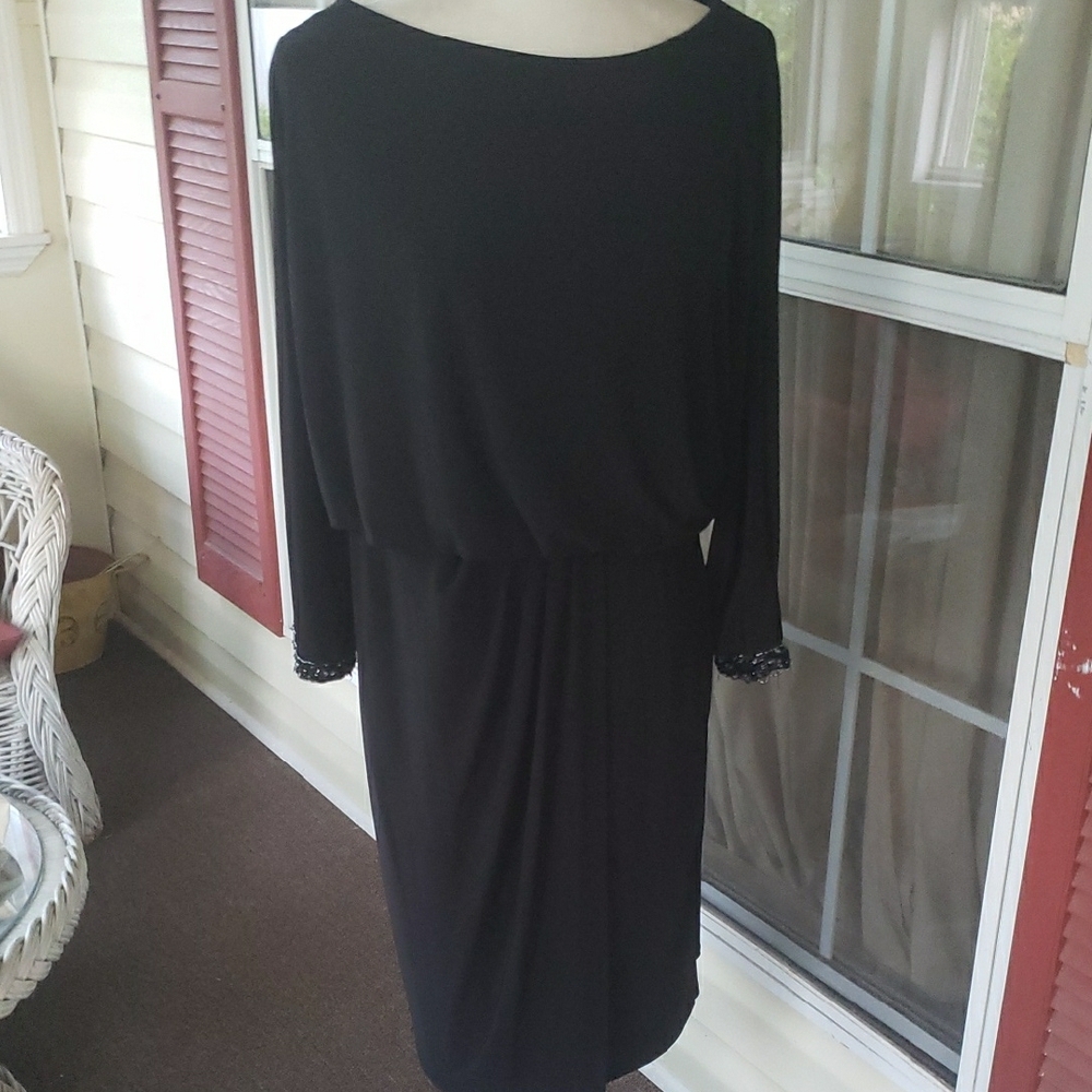MARINA Elegant Black Sequins Sleeve Faux Wrap Cold Shoulder Midi‎ Dress